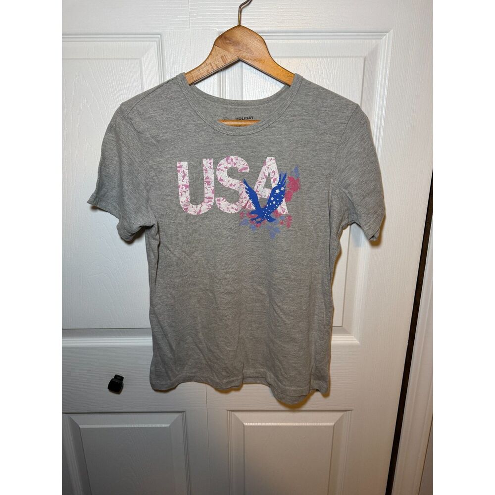 Holiday Editions USA Eagle Graphic T-Shirt Gray Women's Medium